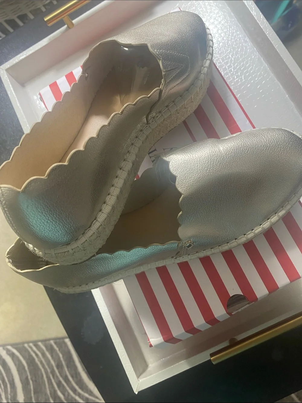 Metallic Silver Scalloped Espadrille Flats